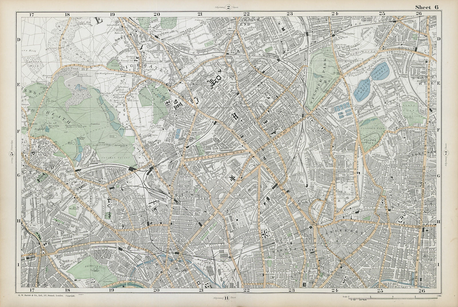 HAMPSTEAD ISLINGTON Camden Highgate Finsbury Park Primrose Hill. BACON  1906 map